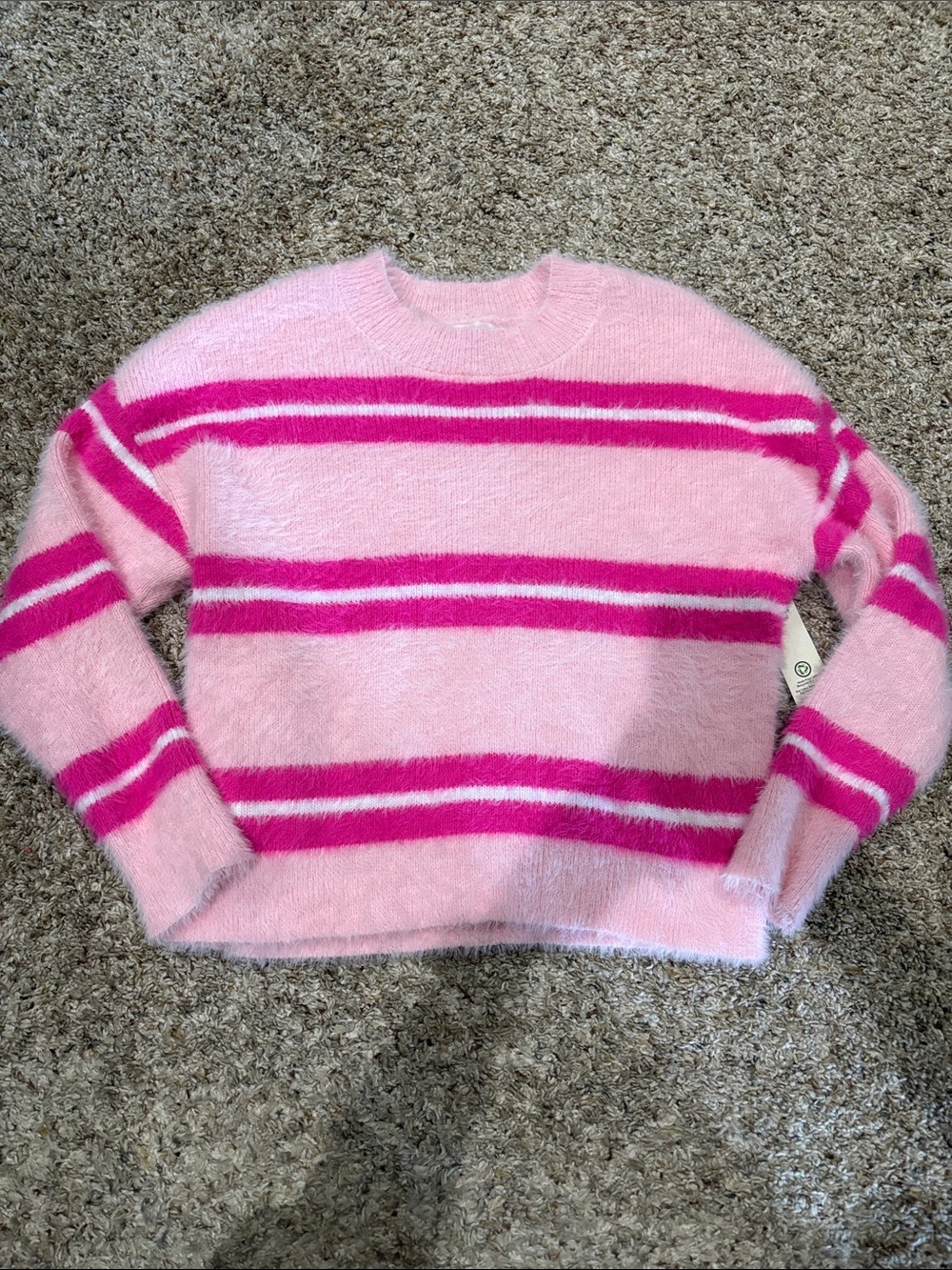 Pink Striped Fuzzy Crewneck Sweater